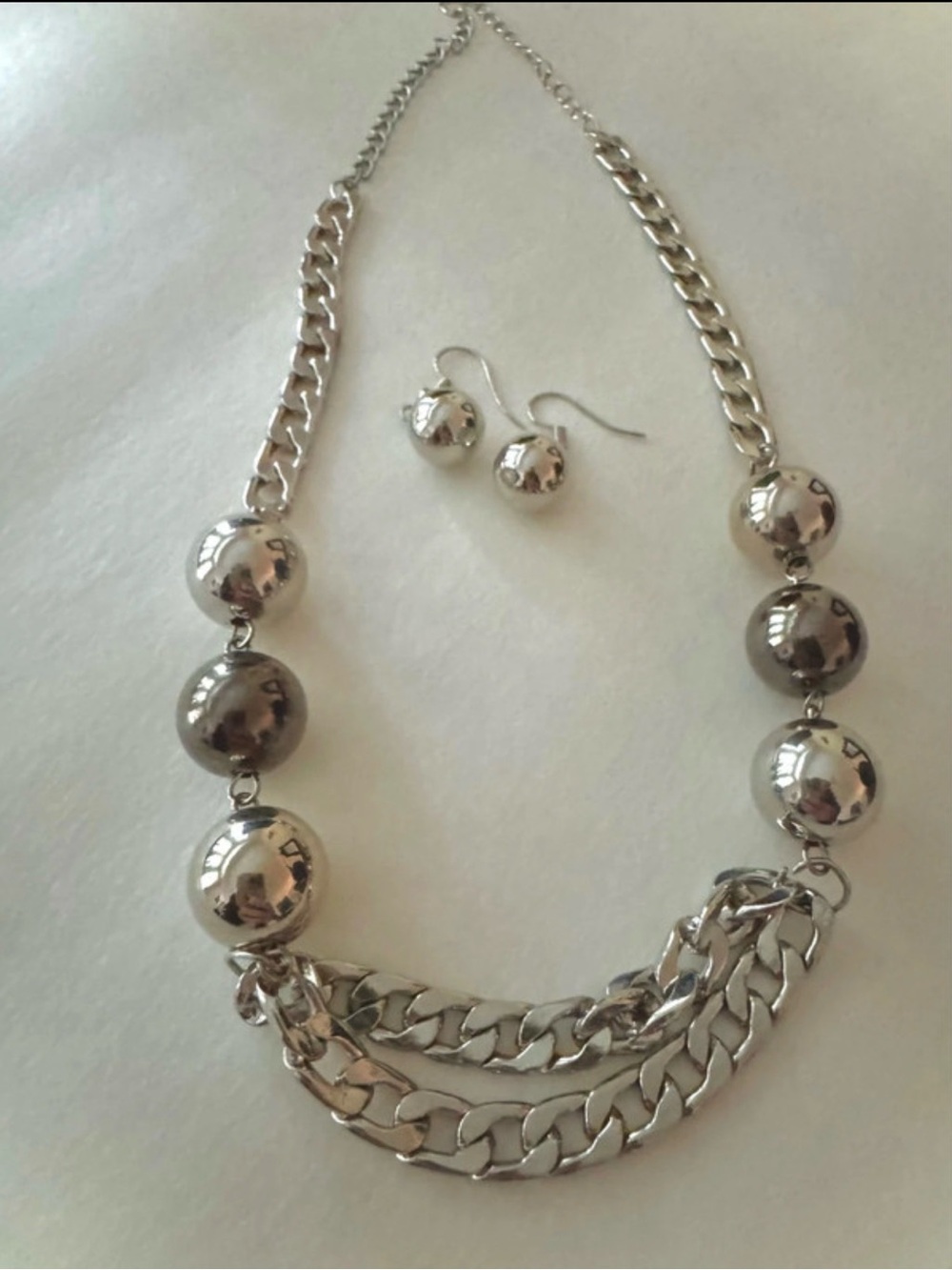 Polished Silver Ball Statement Necklace with Matching Earrings